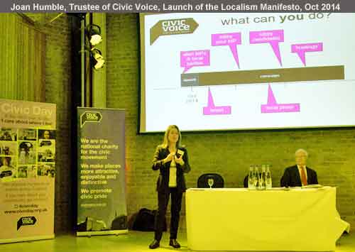 Joan Humble, Trustee of Civic Voice and Chairman of Blackpool Civic Trust speaks at the launch of the Civic Voice manifesto Oct 2014
