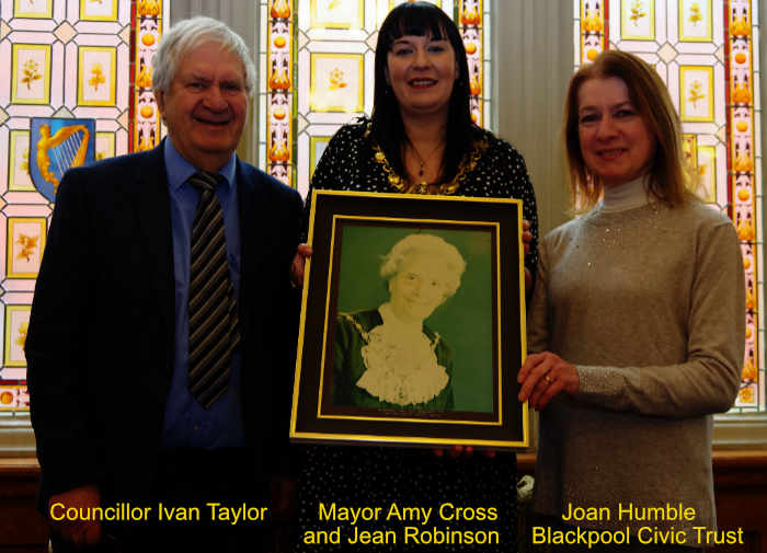 Photo of Jean Robinson held by Mayor of Blackpool Amy Cross.  Left Councillor Ivan Taylor, on the right Joan Humble Chair of Blackpool Civic Trust
