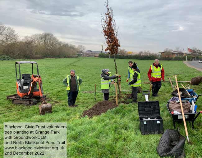 Blackpool Civic Trust voluntees planting trees at Grange Park Blackpool with Groundwork and North Blackpool Pond Trail  2nd December 2022