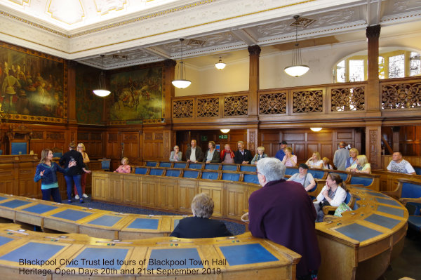 Chair of Blackpool Civic Trust, Joan Humble, speaking to a tour group in the Chamber during a Heritage Open Day tour of Blackpool Town Hall 21st September 2019